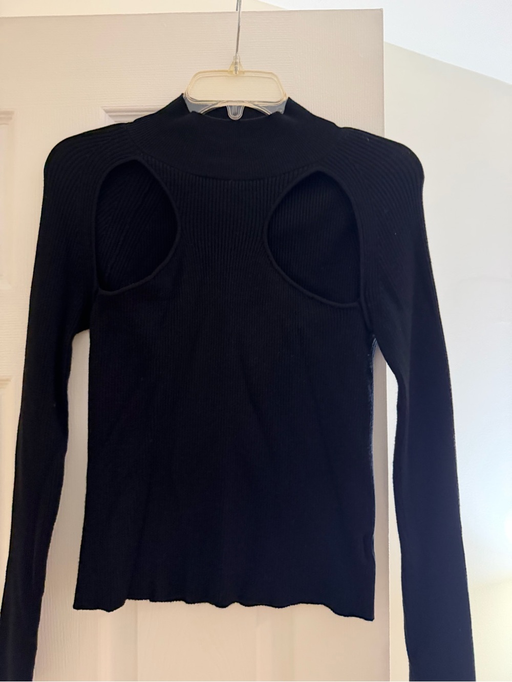 Lush Black Ribbed Long-Sleeve Top with Chest Cutouts